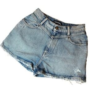 Retrofête Shorts Blue Mid Rise Med Wash‎ Distressed Accents Slit Pockets Size 26